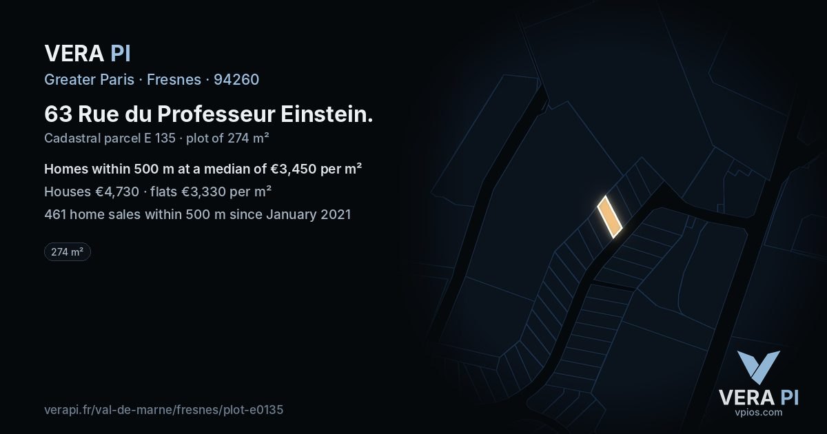 63 Rue du Professeur Einstein, Fresnes at night – the plot lit, the parcels around coloured by the prices near them