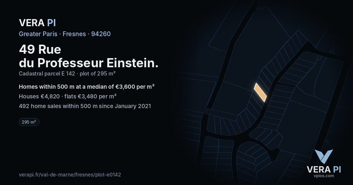 49 Rue du Professeur Einstein, Fresnes at night – the plot lit, the parcels around coloured by the prices near them