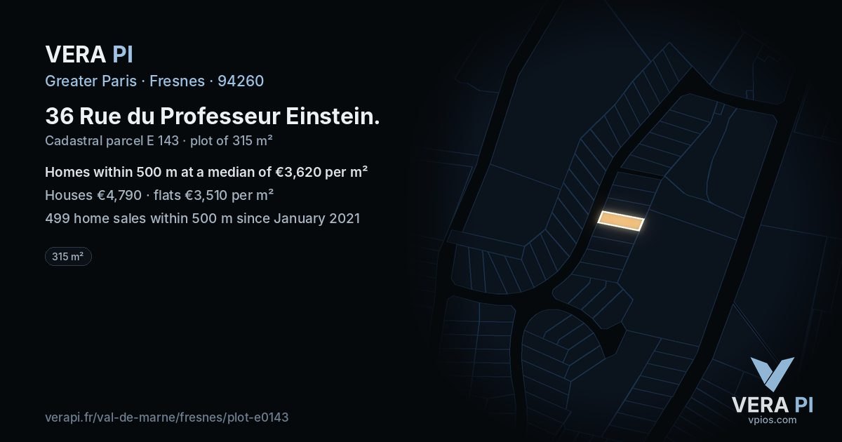 36 Rue du Professeur Einstein, Fresnes at night – the plot lit, the parcels around coloured by the prices near them