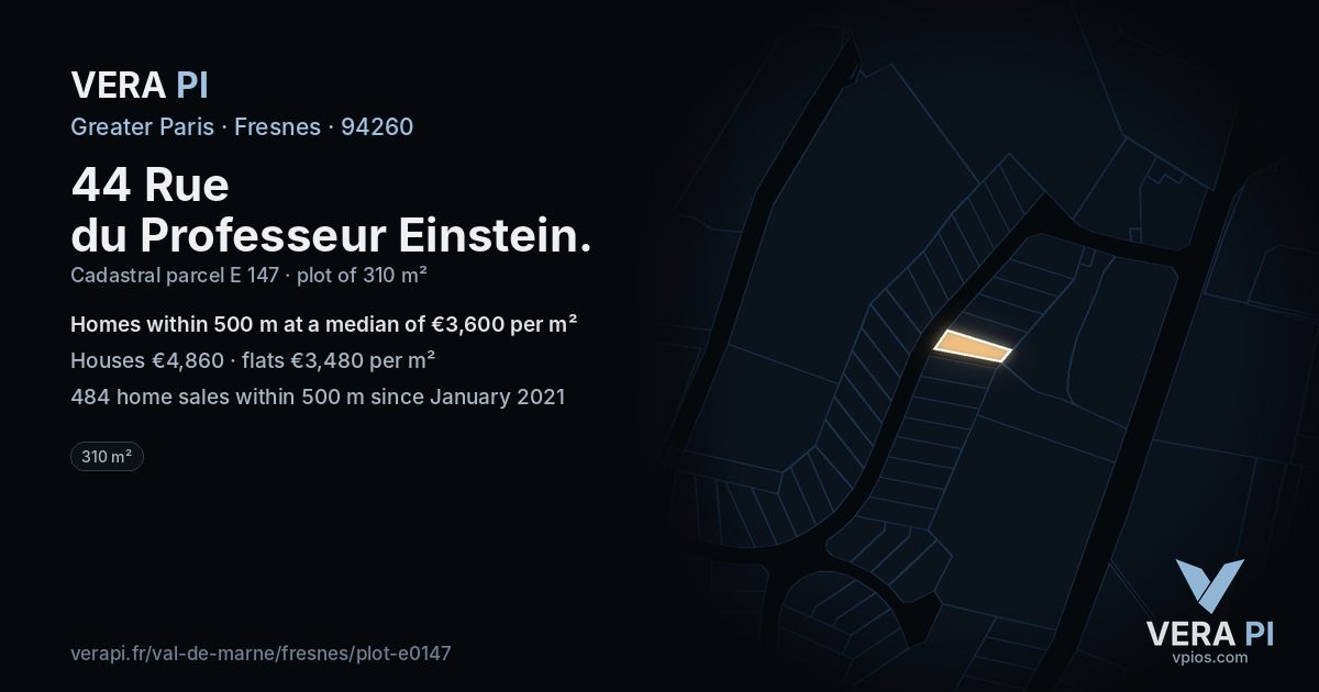 44 Rue du Professeur Einstein, Fresnes at night – the plot lit, the parcels around coloured by the prices near them