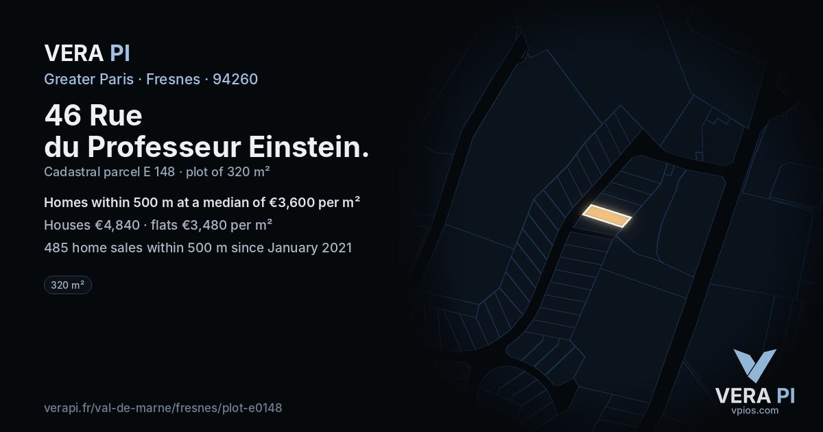 46 Rue du Professeur Einstein, Fresnes at night – the plot lit, the parcels around coloured by the prices near them