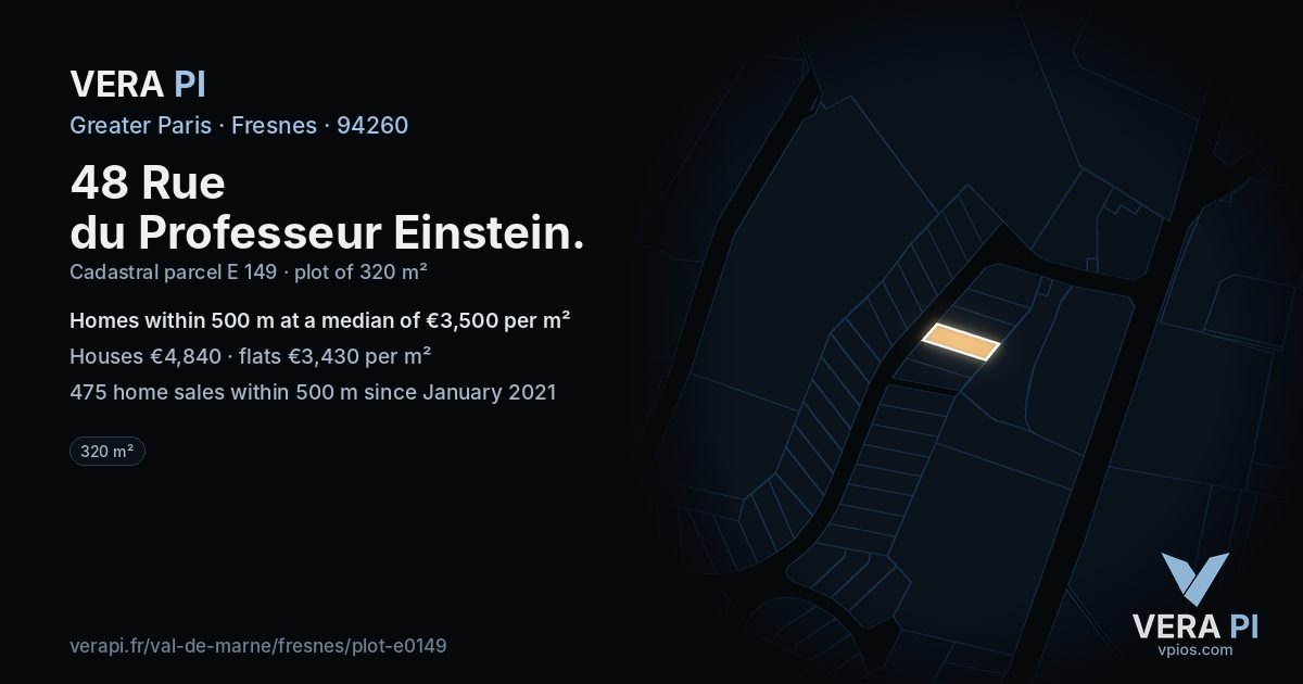 48 Rue du Professeur Einstein, Fresnes at night – the plot lit, the parcels around coloured by the prices near them