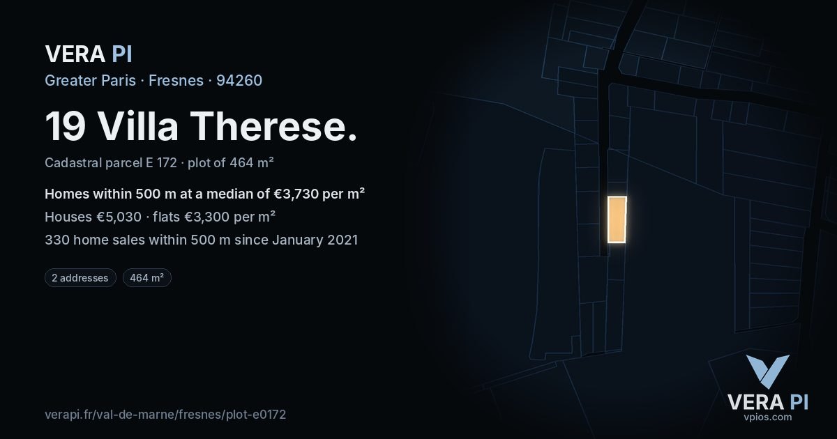 19 Villa Therese, Fresnes at night – the plot lit, the parcels around coloured by the prices near them