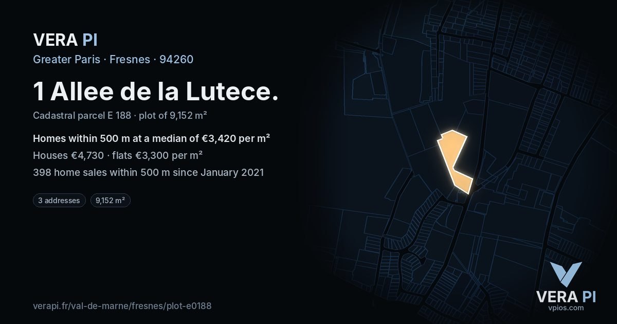 1 Allee de la Lutece, Fresnes at night – the plot lit, the parcels around coloured by the prices near them