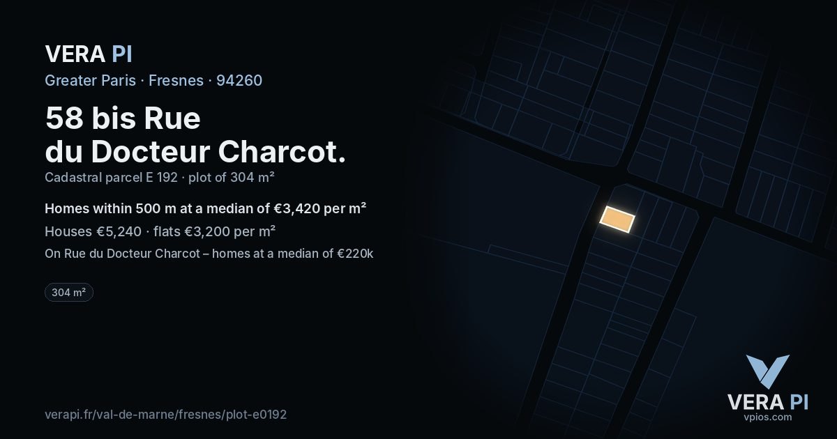 58 bis Rue du Docteur Charcot, Fresnes at night – the plot lit, the parcels around coloured by the prices near them
