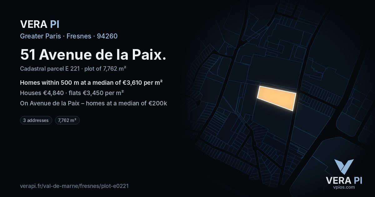 51 Avenue de la Paix, Fresnes at night – the plot lit, the parcels around coloured by the prices near them
