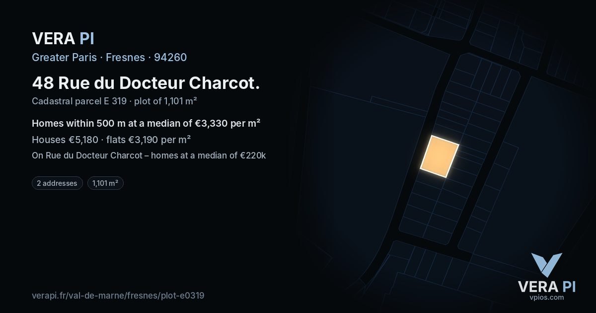 48 Rue du Docteur Charcot, Fresnes at night – the plot lit, the parcels around coloured by the prices near them