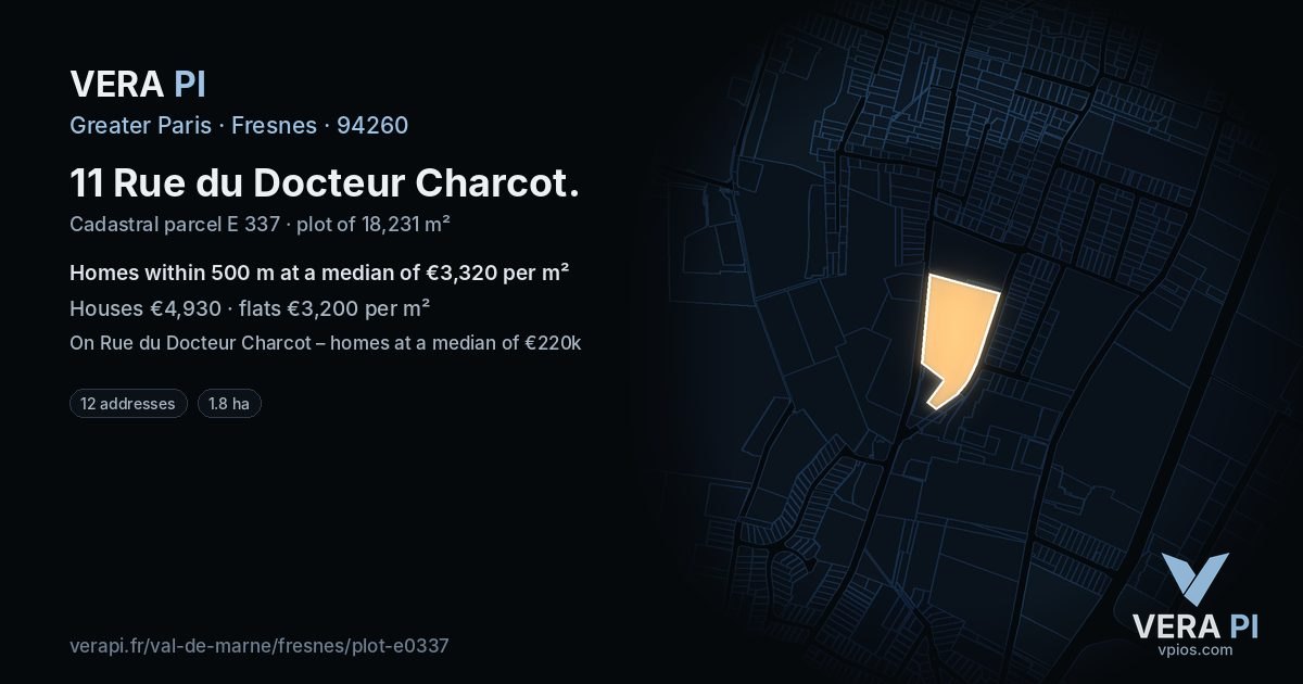 11 Rue du Docteur Charcot, Fresnes at night – the plot lit, the parcels around coloured by the prices near them