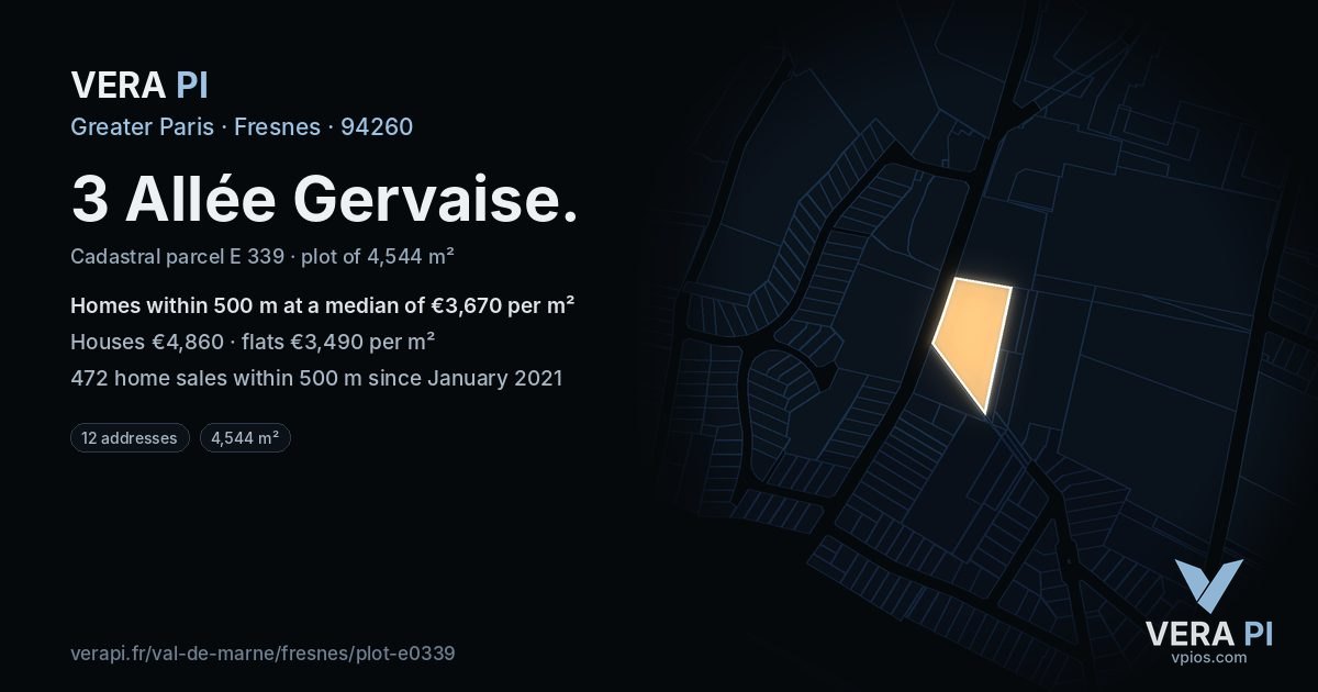 3 Allée Gervaise, Fresnes at night – the plot lit, the parcels around coloured by the prices near them