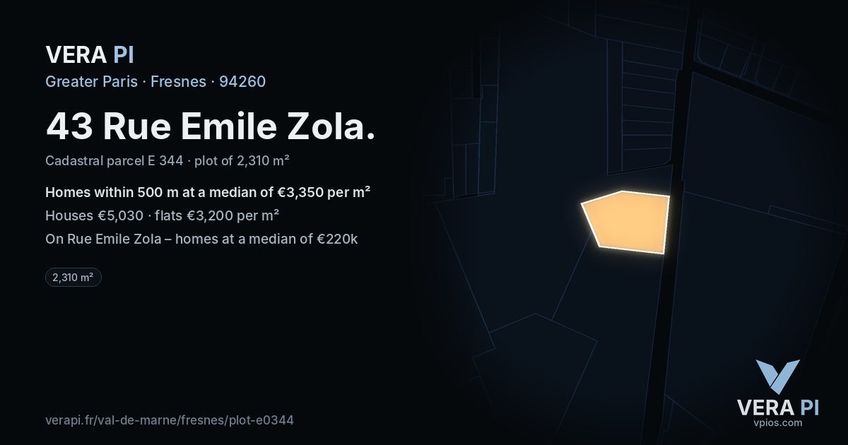 43 Rue Emile Zola, Fresnes at night – the plot lit, the parcels around coloured by the prices near them