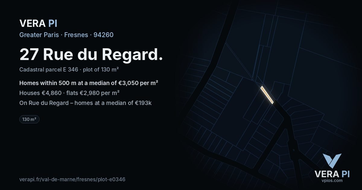 27 Rue du Regard, Fresnes at night – the plot lit, the parcels around coloured by the prices near them