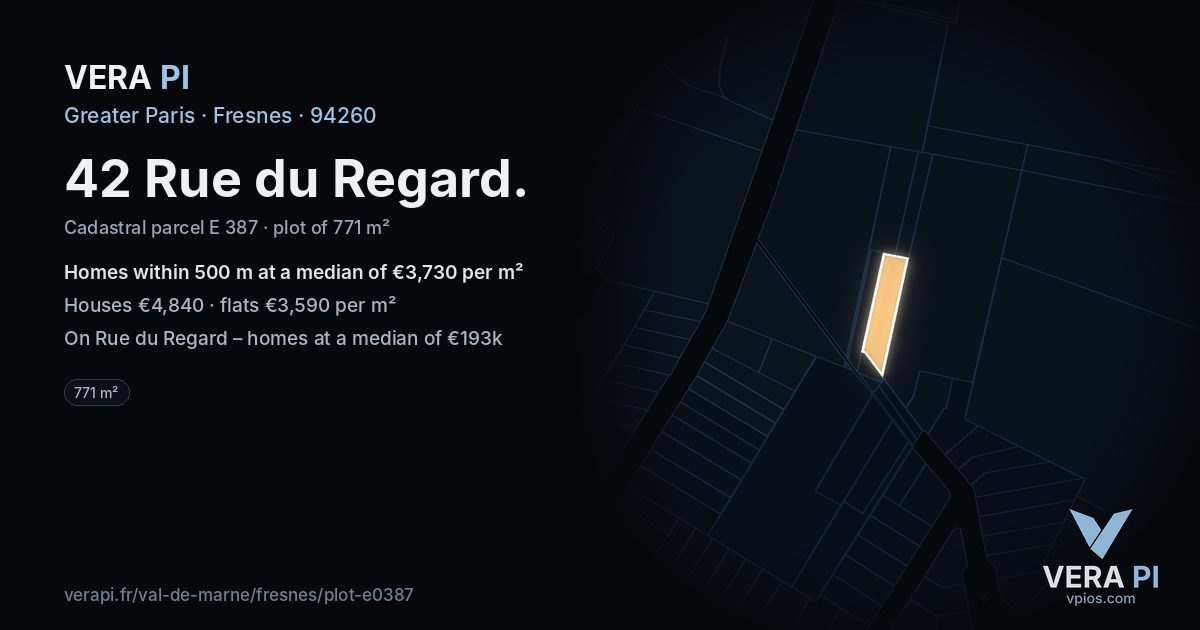 42 Rue du Regard, Fresnes at night – the plot lit, the parcels around coloured by the prices near them