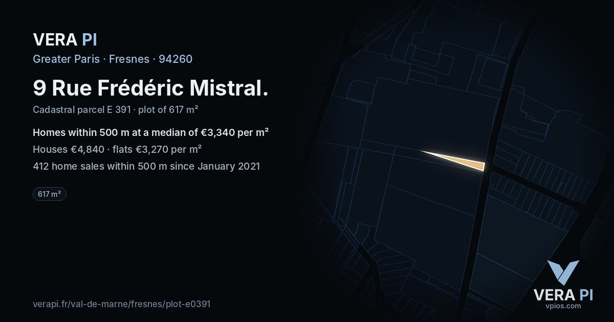 9 Rue Frédéric Mistral, Fresnes at night – the plot lit, the parcels around coloured by the prices near them