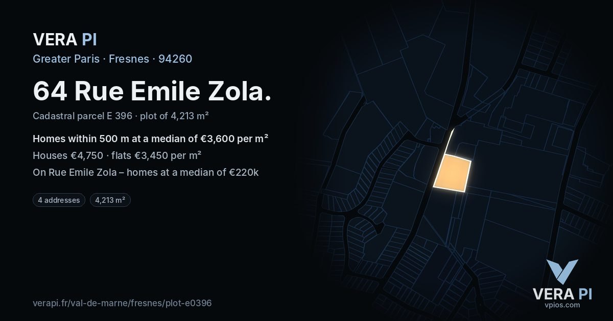 64 Rue Emile Zola, Fresnes at night – the plot lit, the parcels around coloured by the prices near them
