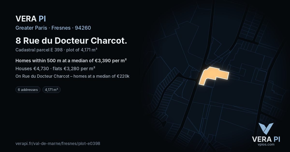 8 Rue du Docteur Charcot, Fresnes at night – the plot lit, the parcels around coloured by the prices near them