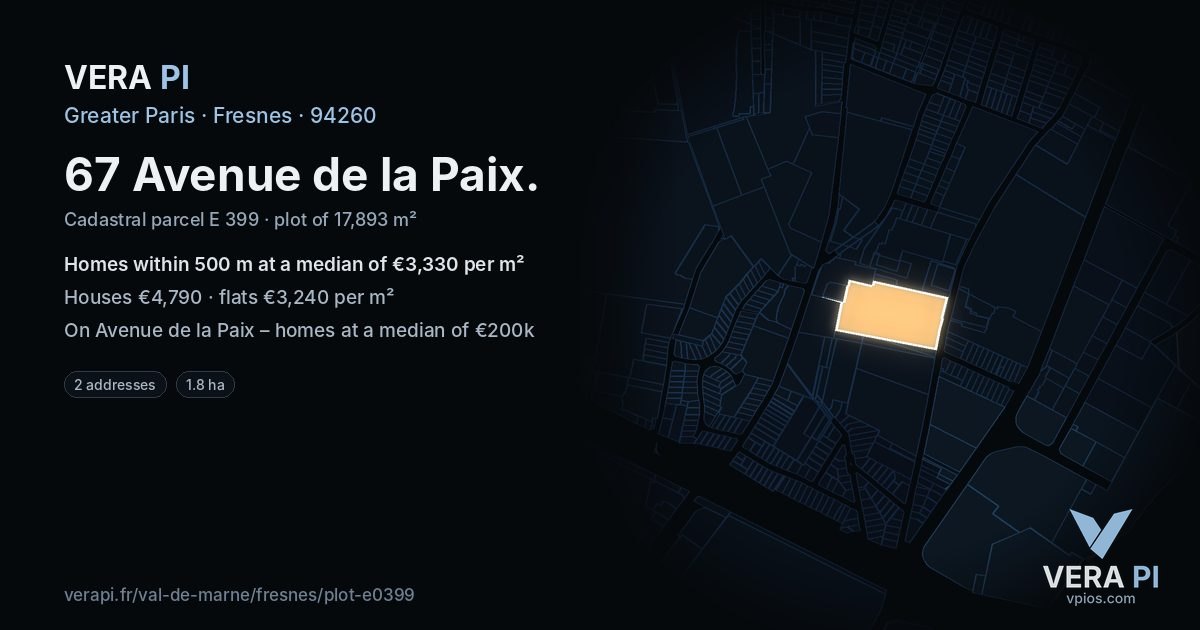 67 Avenue de la Paix, Fresnes at night – the plot lit, the parcels around coloured by the prices near them