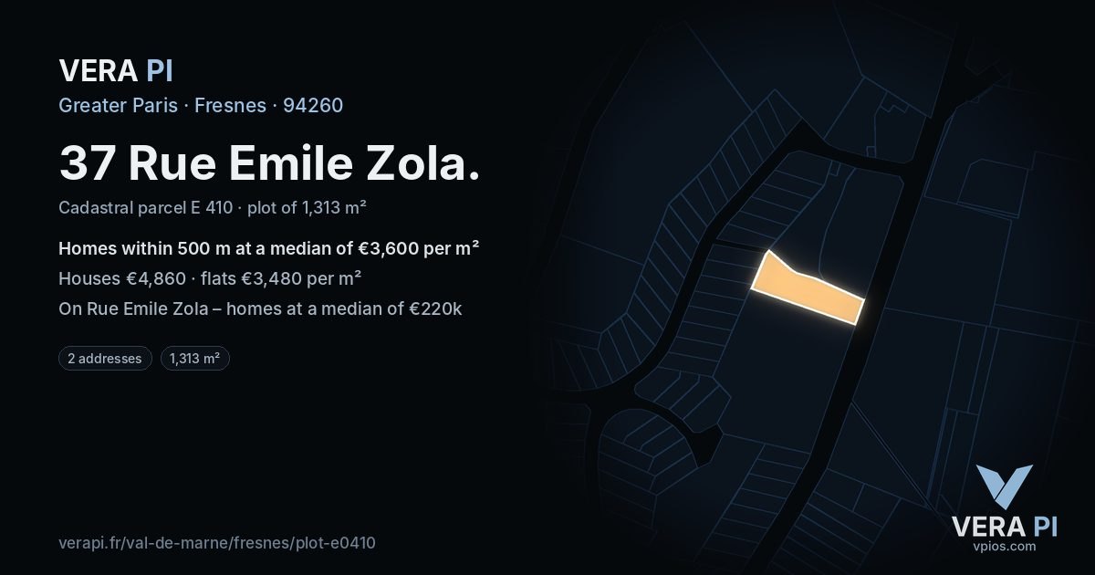 37 Rue Emile Zola, Fresnes at night – the plot lit, the parcels around coloured by the prices near them