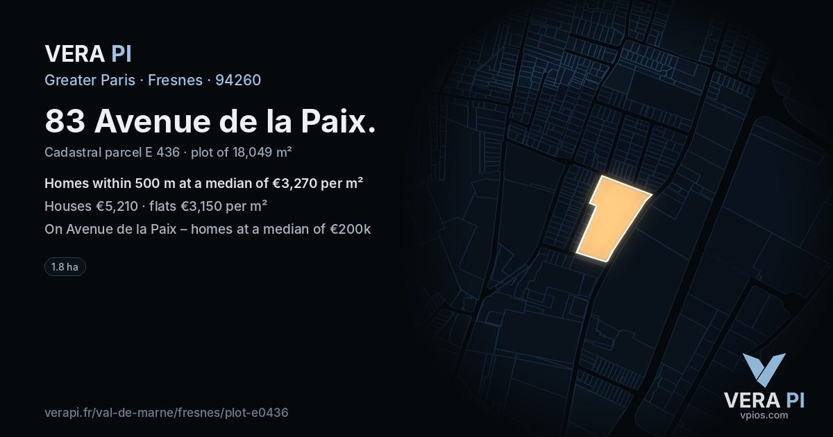 83 Avenue de la Paix, Fresnes at night – the plot lit, the parcels around coloured by the prices near them