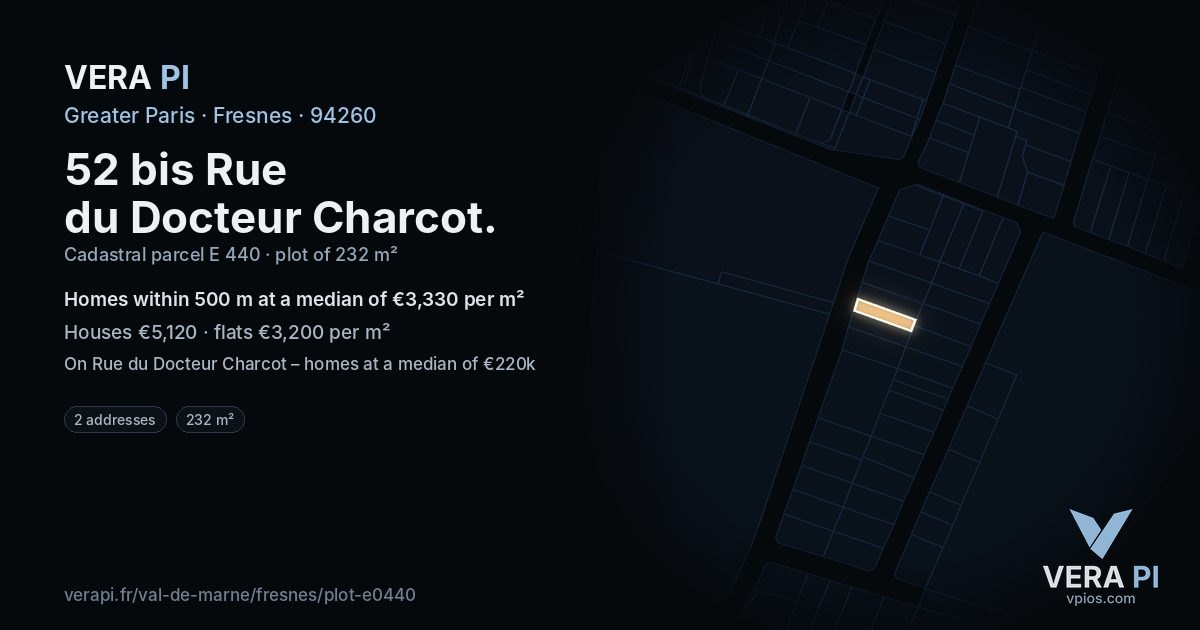 52 bis Rue du Docteur Charcot, Fresnes at night – the plot lit, the parcels around coloured by the prices near them