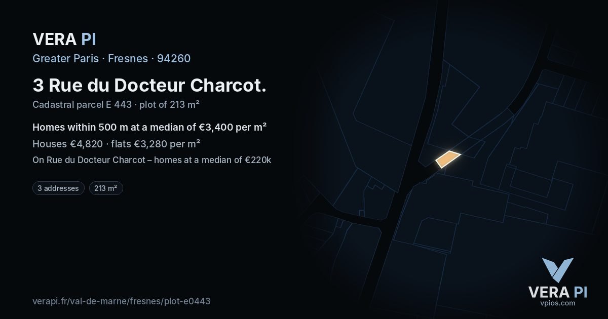 3 Rue du Docteur Charcot, Fresnes at night – the plot lit, the parcels around coloured by the prices near them