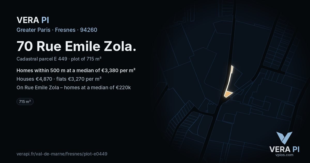 70 Rue Emile Zola, Fresnes at night – the plot lit, the parcels around coloured by the prices near them