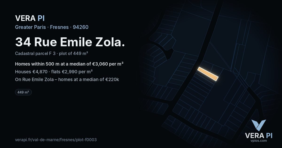 34 Rue Emile Zola, Fresnes at night – the plot lit, the parcels around coloured by the prices near them