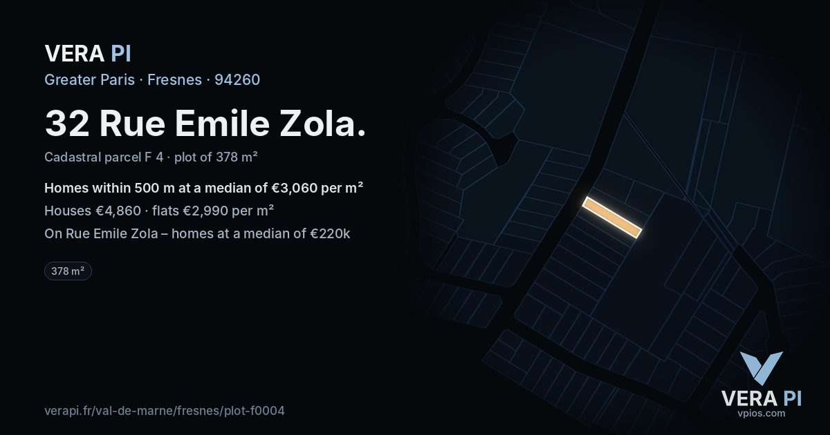 32 Rue Emile Zola, Fresnes at night – the plot lit, the parcels around coloured by the prices near them