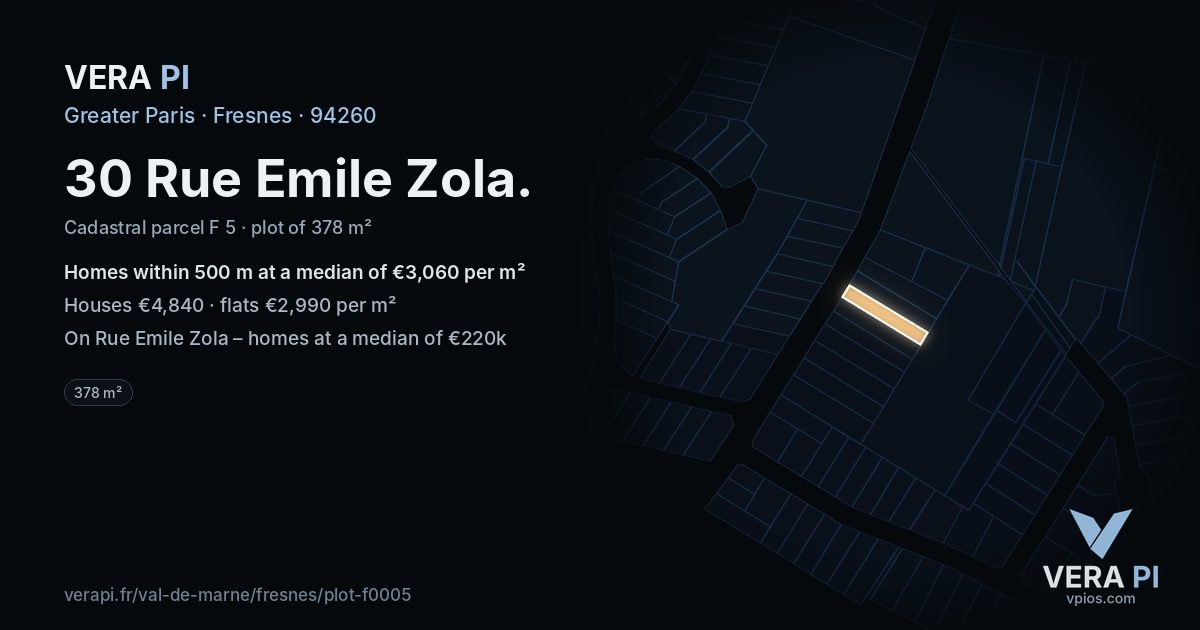 30 Rue Emile Zola, Fresnes at night – the plot lit, the parcels around coloured by the prices near them