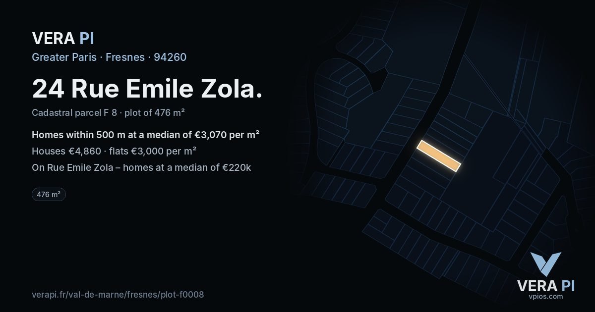 24 Rue Emile Zola, Fresnes at night – the plot lit, the parcels around coloured by the prices near them