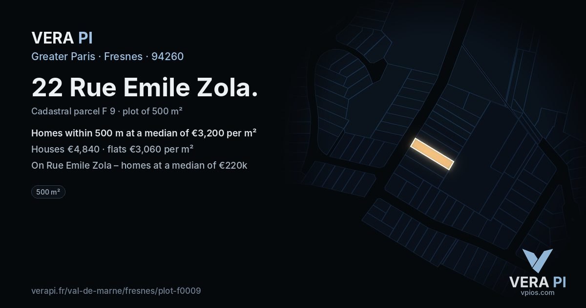 22 Rue Emile Zola, Fresnes at night – the plot lit, the parcels around coloured by the prices near them