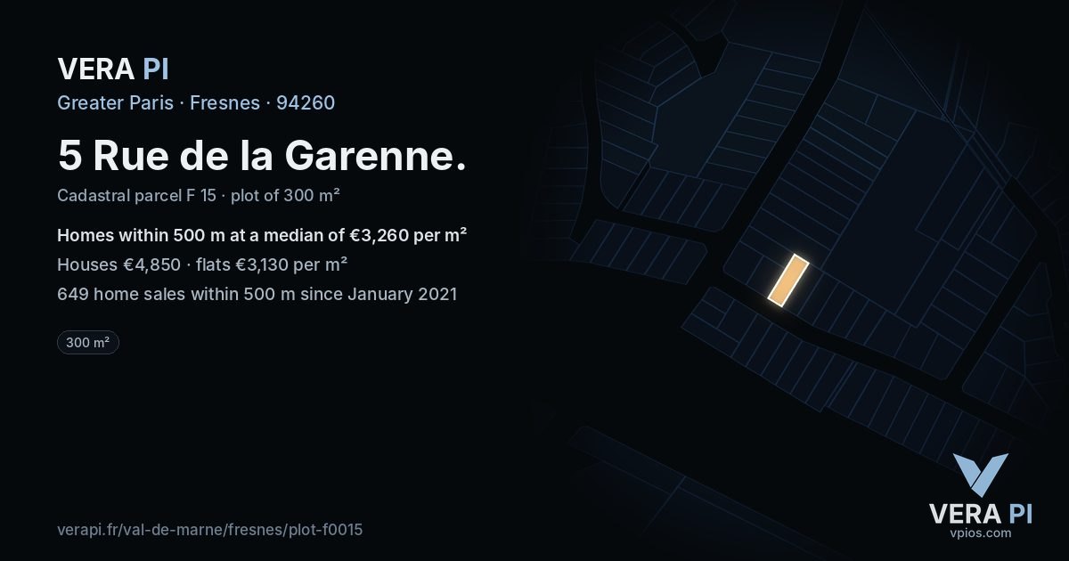 5 Rue de la Garenne, Fresnes at night – the plot lit, the parcels around coloured by the prices near them