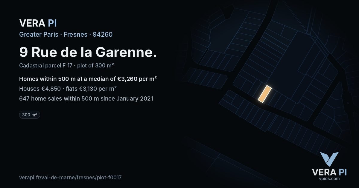 9 Rue de la Garenne, Fresnes at night – the plot lit, the parcels around coloured by the prices near them