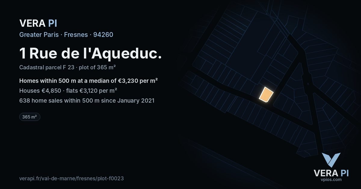 1 Rue de l'Aqueduc, Fresnes at night – the plot lit, the parcels around coloured by the prices near them
