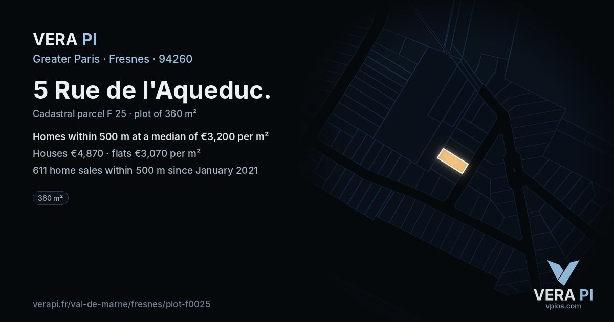 5 Rue de l'Aqueduc, Fresnes at night – the plot lit, the parcels around coloured by the prices near them