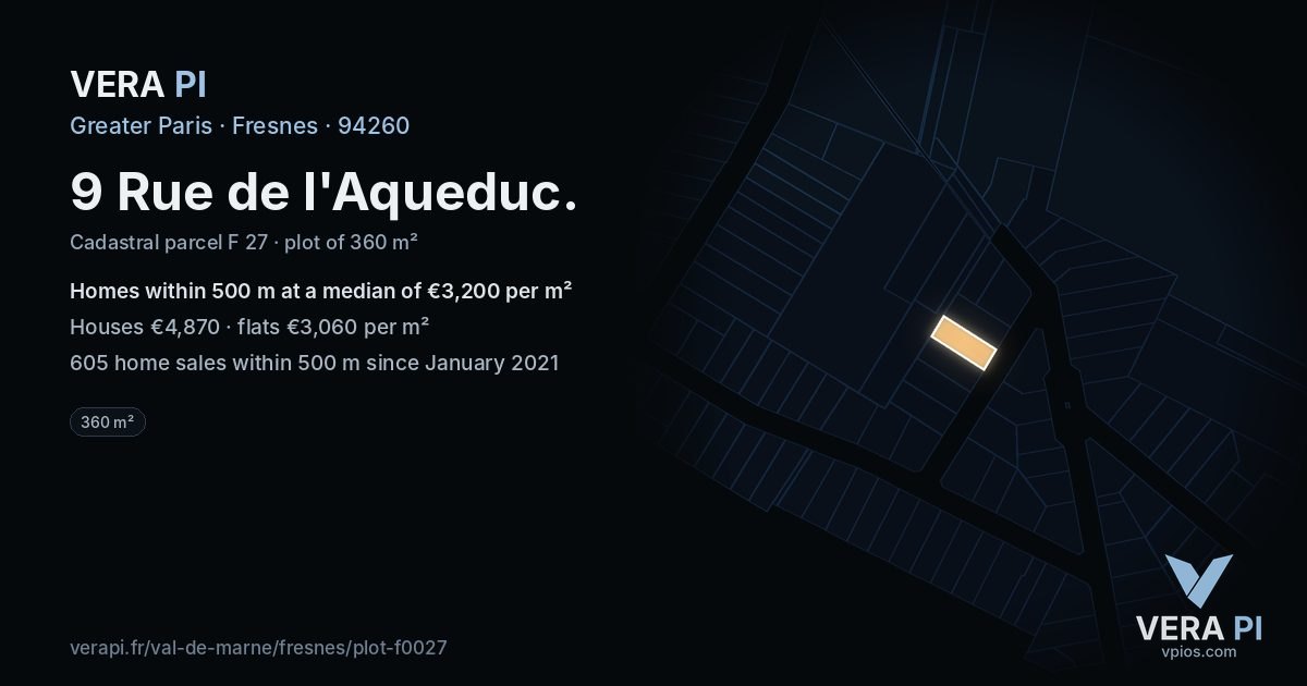 9 Rue de l'Aqueduc, Fresnes at night – the plot lit, the parcels around coloured by the prices near them
