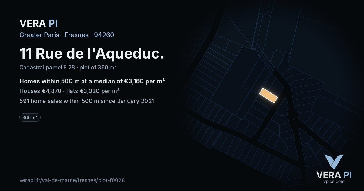 11 Rue de l'Aqueduc, Fresnes at night – the plot lit, the parcels around coloured by the prices near them