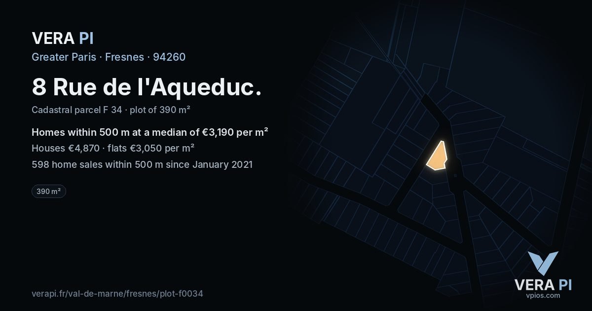 8 Rue de l'Aqueduc, Fresnes at night – the plot lit, the parcels around coloured by the prices near them