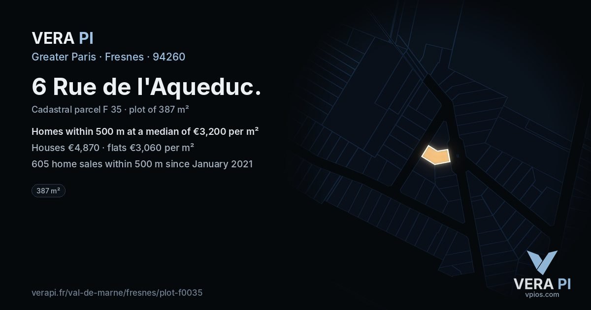 6 Rue de l'Aqueduc, Fresnes at night – the plot lit, the parcels around coloured by the prices near them