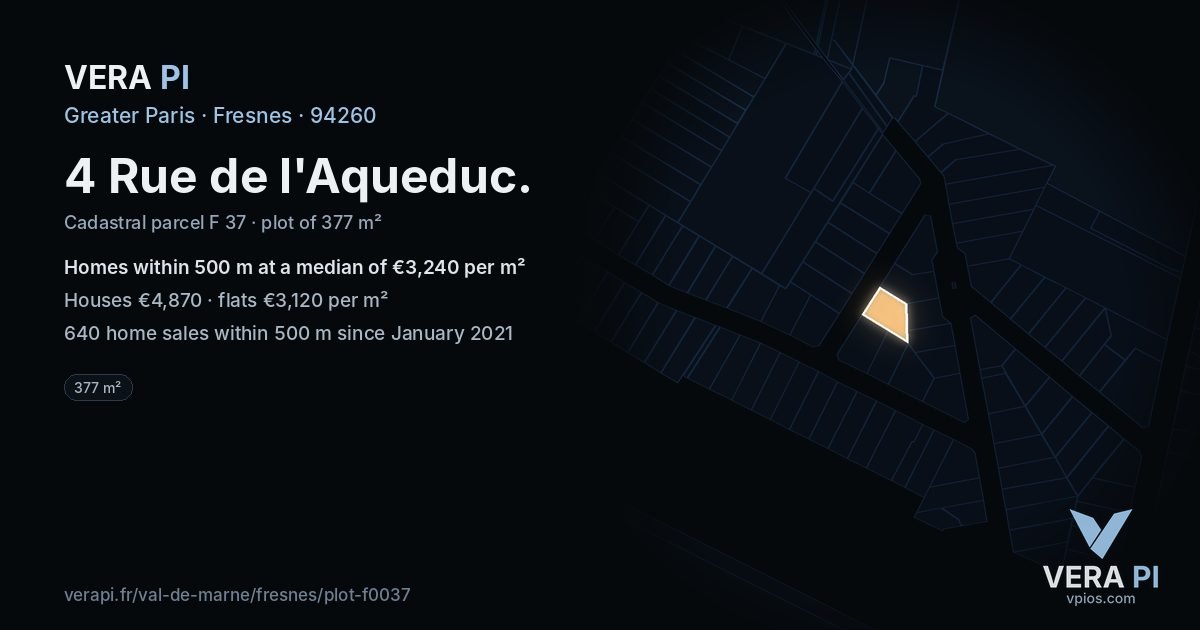 4 Rue de l'Aqueduc, Fresnes at night – the plot lit, the parcels around coloured by the prices near them