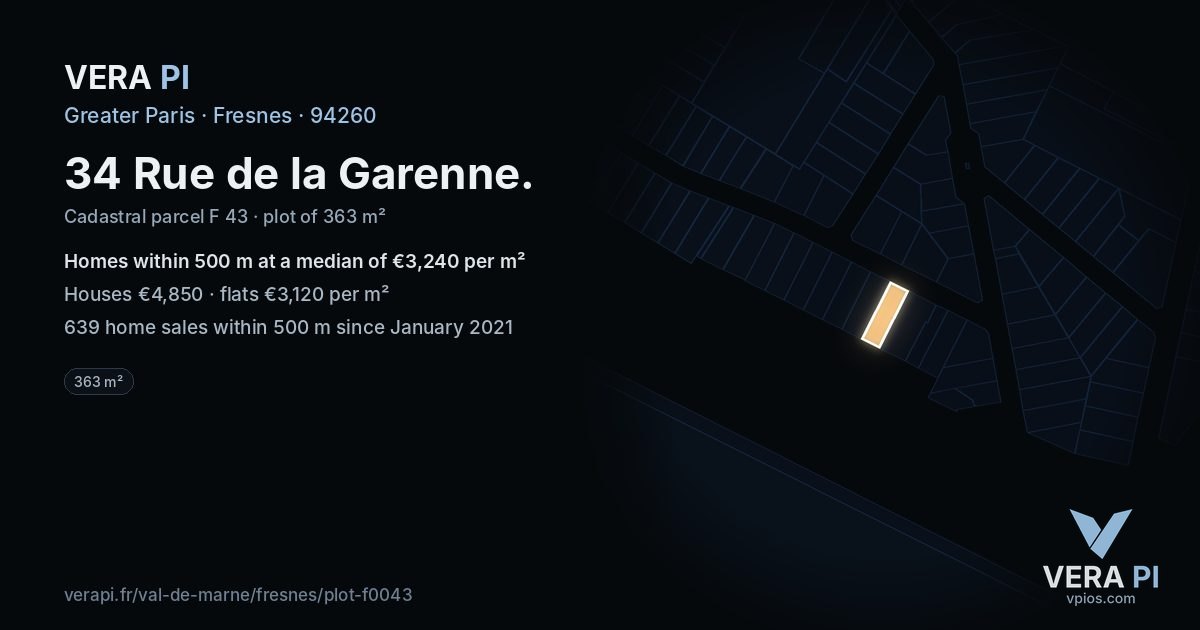 34 Rue de la Garenne, Fresnes at night – the plot lit, the parcels around coloured by the prices near them