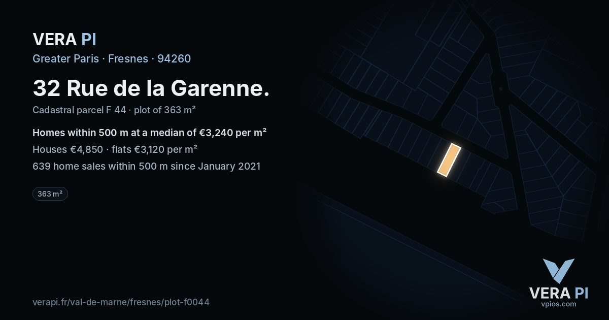 32 Rue de la Garenne, Fresnes at night – the plot lit, the parcels around coloured by the prices near them