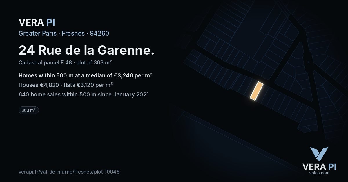 24 Rue de la Garenne, Fresnes at night – the plot lit, the parcels around coloured by the prices near them