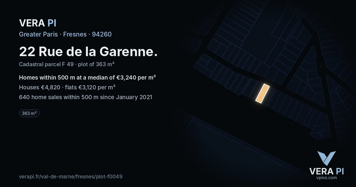 22 Rue de la Garenne, Fresnes at night – the plot lit, the parcels around coloured by the prices near them