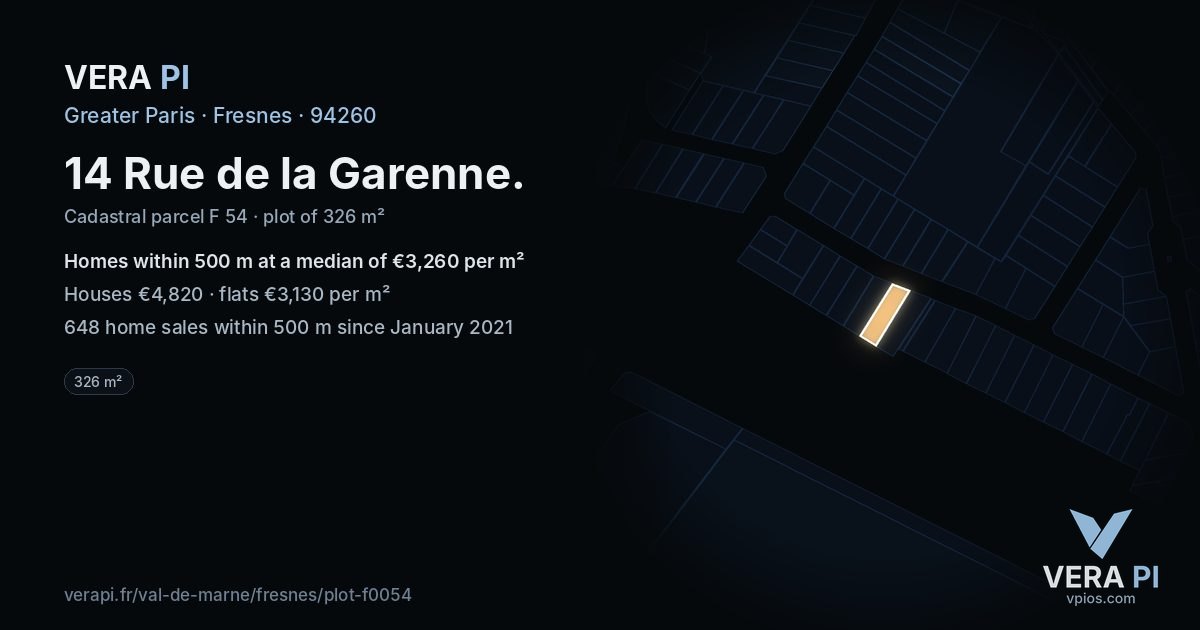 14 Rue de la Garenne, Fresnes at night – the plot lit, the parcels around coloured by the prices near them