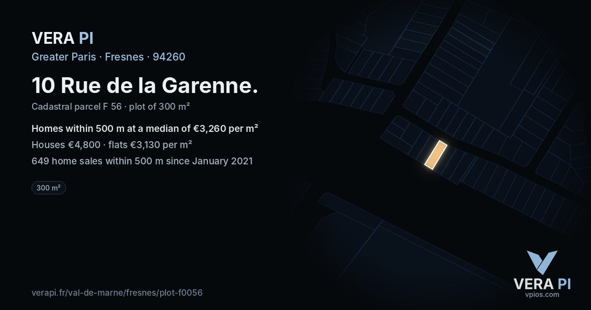 10 Rue de la Garenne, Fresnes at night – the plot lit, the parcels around coloured by the prices near them