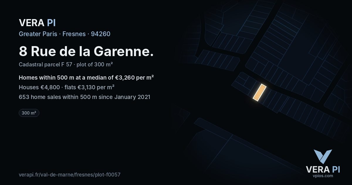 8 Rue de la Garenne, Fresnes at night – the plot lit, the parcels around coloured by the prices near them