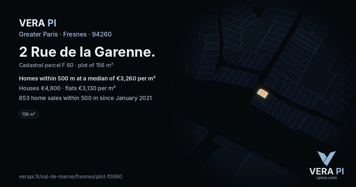 2 Rue de la Garenne, Fresnes at night – the plot lit, the parcels around coloured by the prices near them