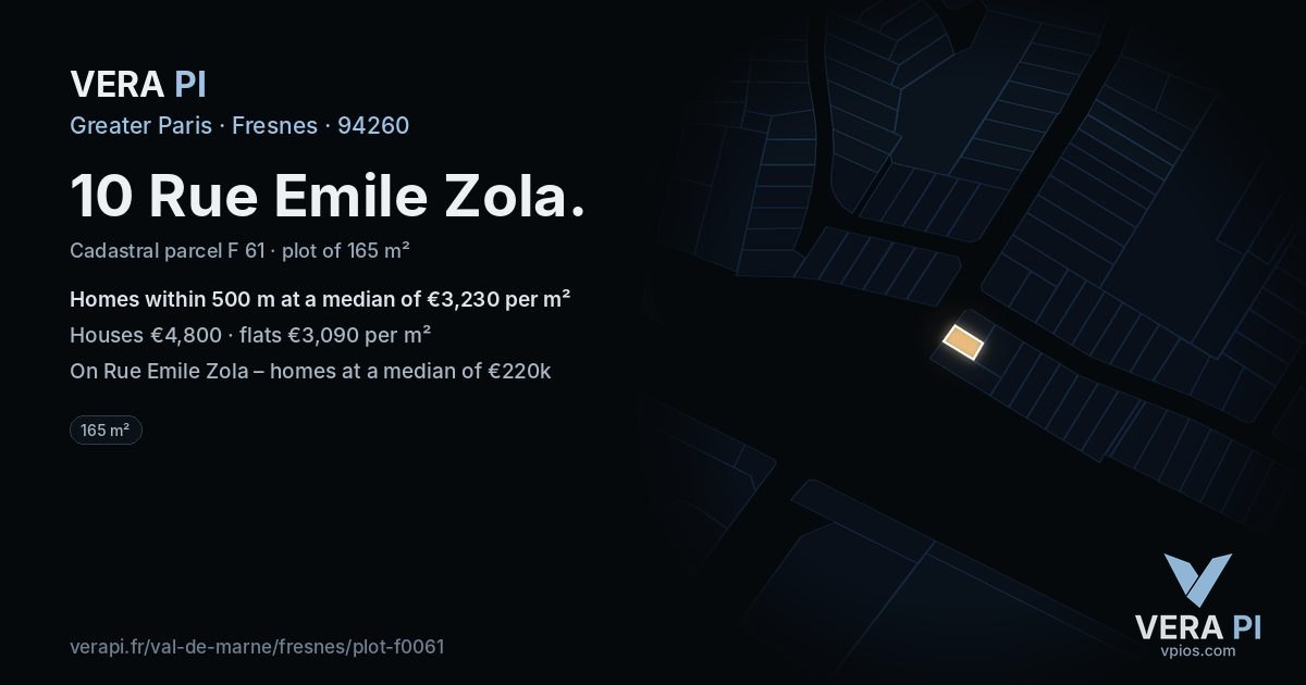10 Rue Emile Zola, Fresnes at night – the plot lit, the parcels around coloured by the prices near them