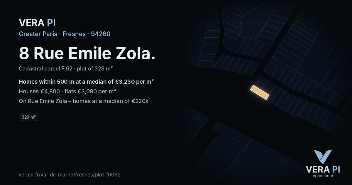 8 Rue Emile Zola, Fresnes at night – the plot lit, the parcels around coloured by the prices near them