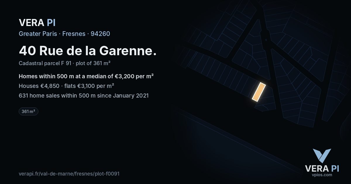 40 Rue de la Garenne, Fresnes at night – the plot lit, the parcels around coloured by the prices near them